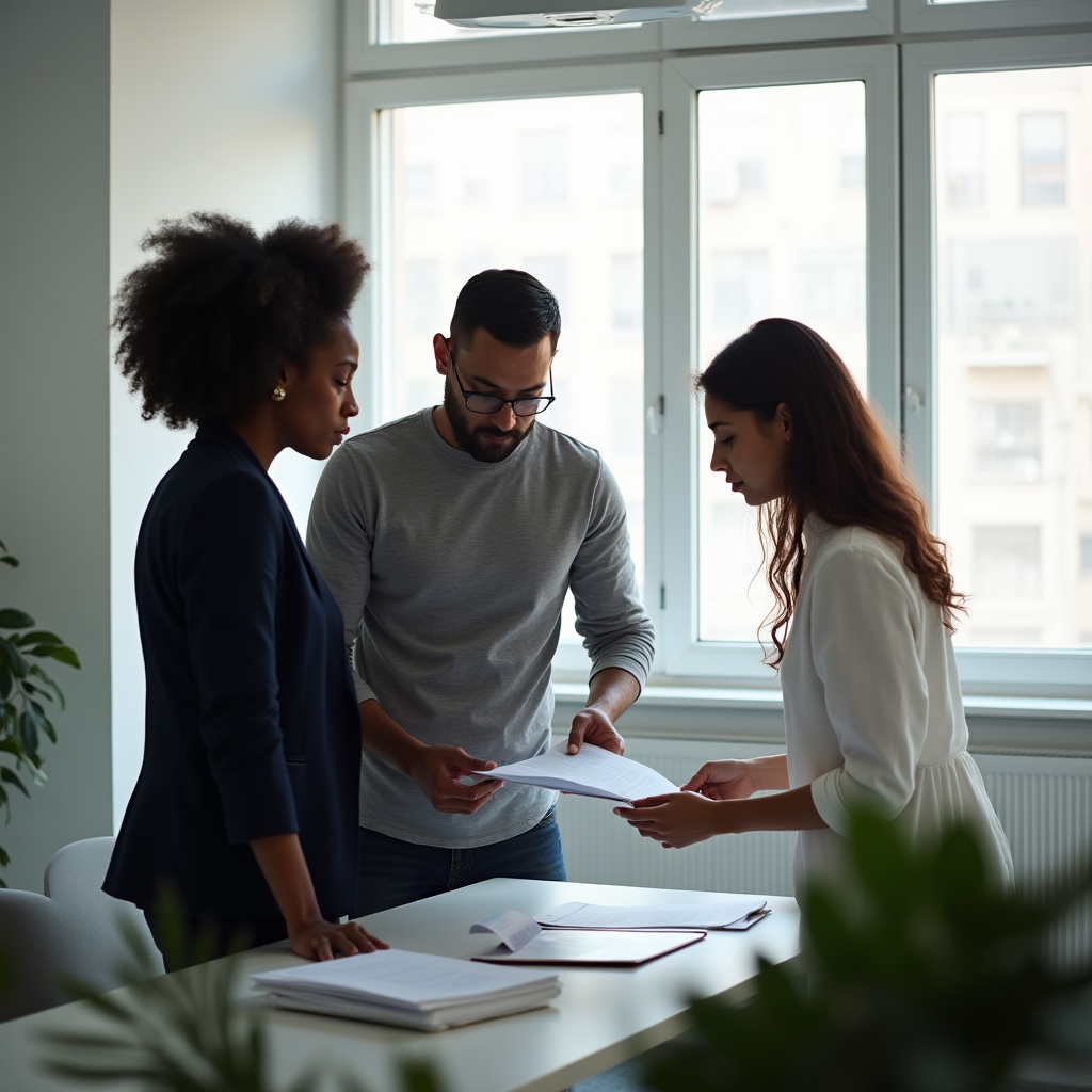 Small professional team working together in a modern Colombian office space