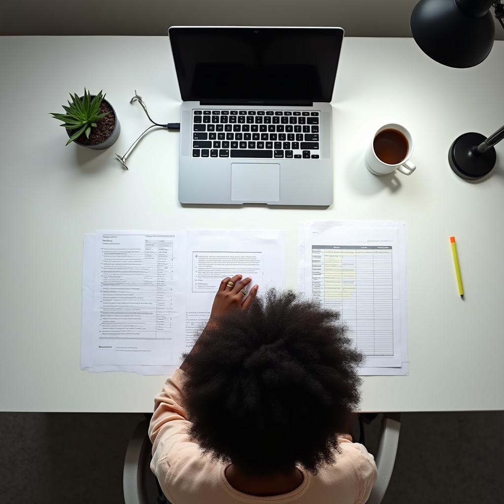 Overhead view of organized workspace