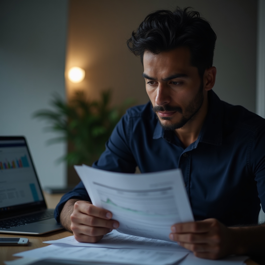 Mid-career professional reviewing expense documents at a clean desk